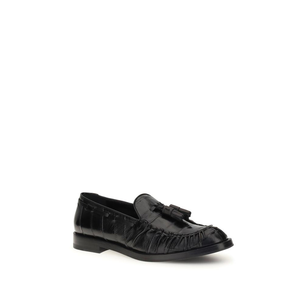 Fratelli Rossetti Black Rubber Slip-On Loafers with tassels, featuring a round toe and flat sole for a smart or casual elegant look.