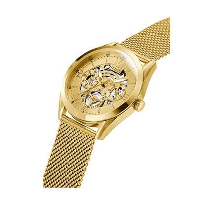 Alt Tag: GUESS Mod. TAILOR gold watch with mesh band, showcasing intricate design and craftsmanship.