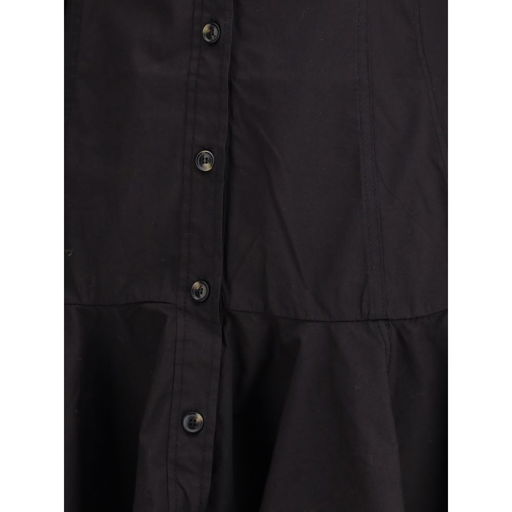 Ganni Black Cotton Casual Dress with classic collar and button closure, featuring long sleeves, low waist, and gathered hemline.