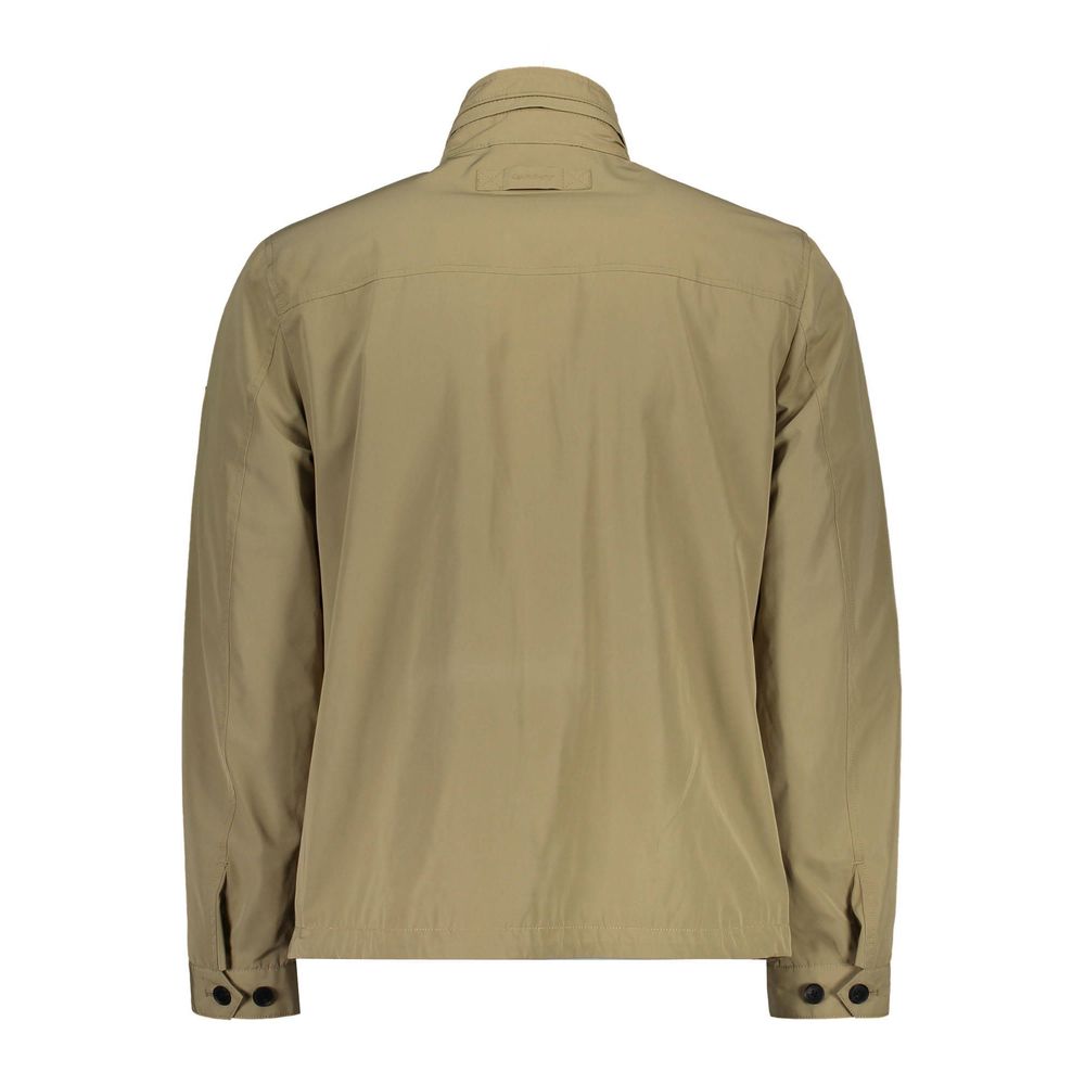 Back view of Gant Beige Polyester Men Jacket with long sleeves and button details, showcasing elegance and style.