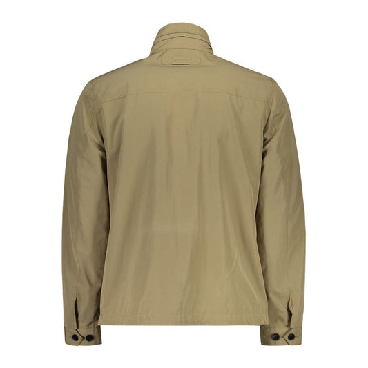 Back view of Gant Beige Polyester Men Jacket with long sleeves and button details, showcasing elegance and style.
