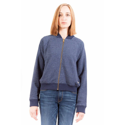 Woman wearing Gant Blue Cotton Sweater with long sleeves, front zip, and two pockets
