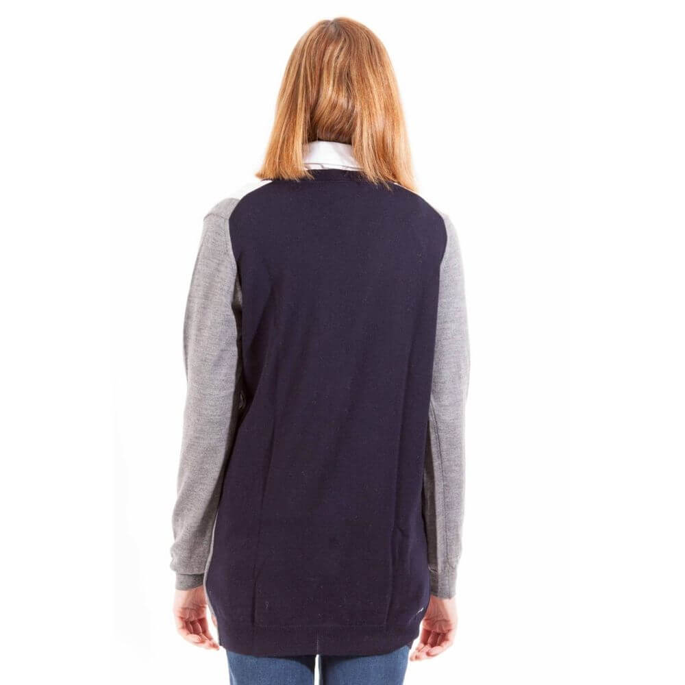Back view of a person wearing a Gant Gray Wool Sweater with long sleeves, buttons, 2 pockets, and logo detailing.