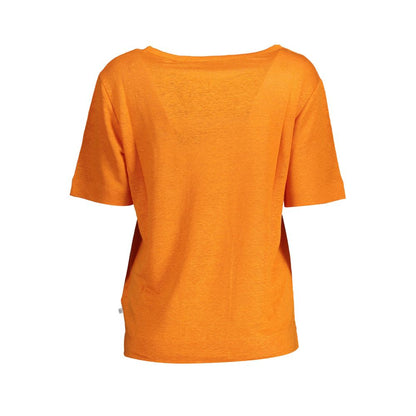 Back view of Gant Orange Linen Women T-Shirt with wide neck and classic logo, perfect for casual style or layering, made from linen in orange.