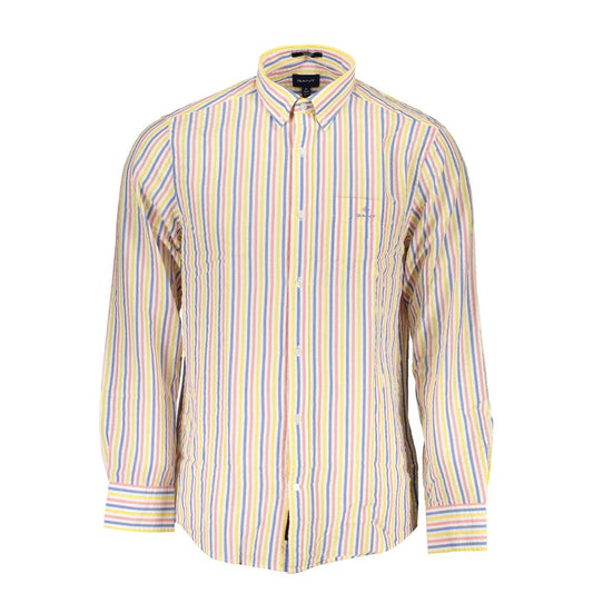 Colorful striped men's dress shirt with button-down collar and single pocket.