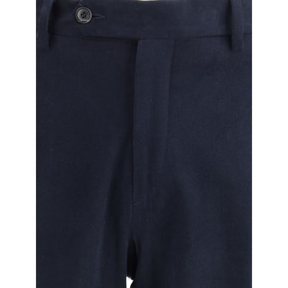 Close-up of Germano Blue Cotton Chino Pants showing front zipper, button closure, and belt loops, made of elegant cotton velvet fabric.