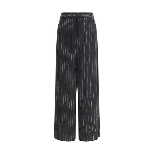 Giorgio Armani Black Silk Casual Pants with wide-leg fit and tone-on-tone pinstripe embroidery, ideal for elegant and sophisticated looks.