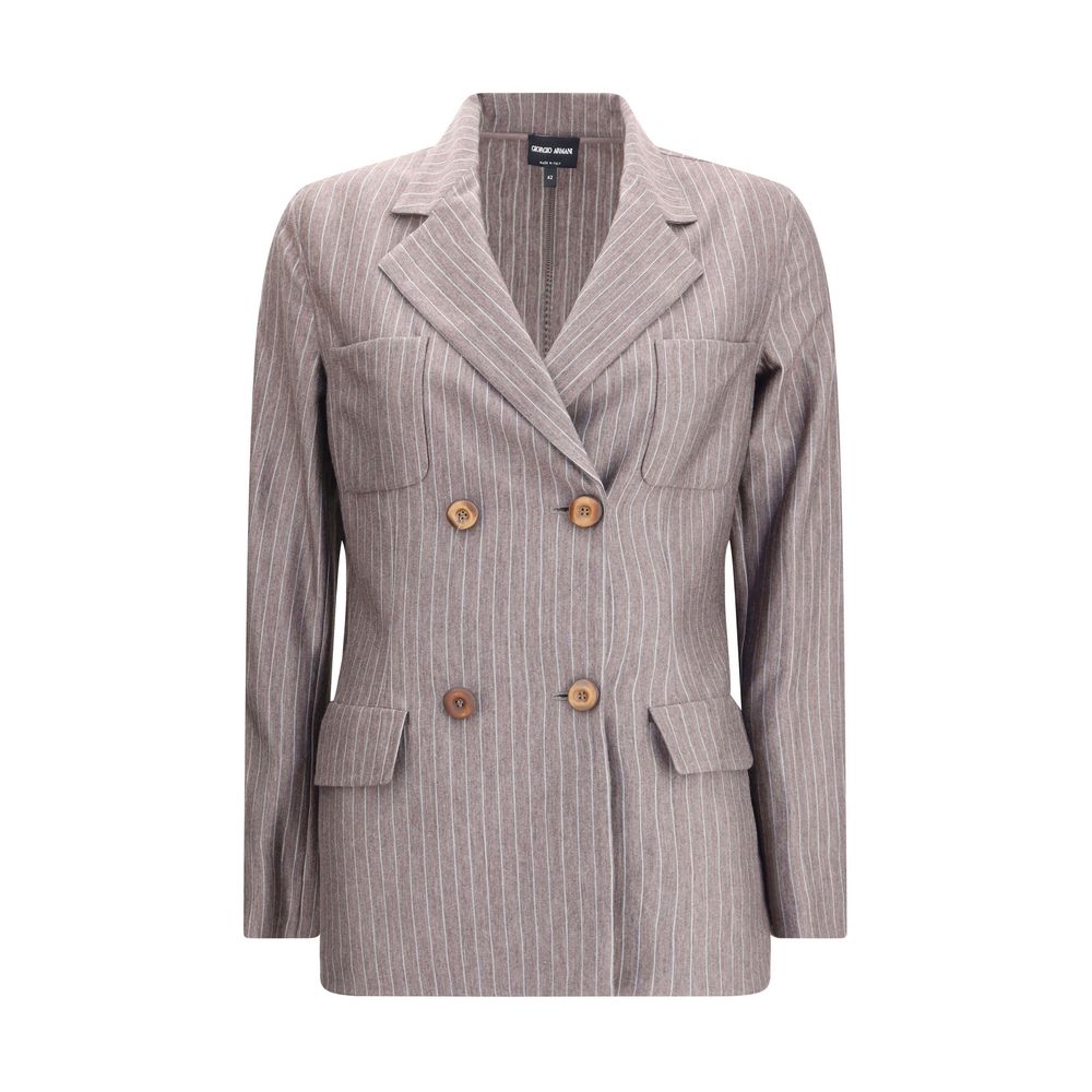 Giorgio Armani Brown Cashmere Blazer with double-breasted design, peaked lapels, and patch pockets for a timeless autumn look.