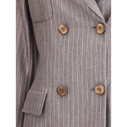 Giorgio Armani Brown Cashmere Blazer featuring double-breasted closure and elegant striped design with peaked lapels.