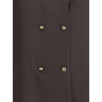 Close-up of Giorgio Armani Brown Silk Shirt with embossed gold buttons and double-breasted design, showcasing luxury silk fabric.