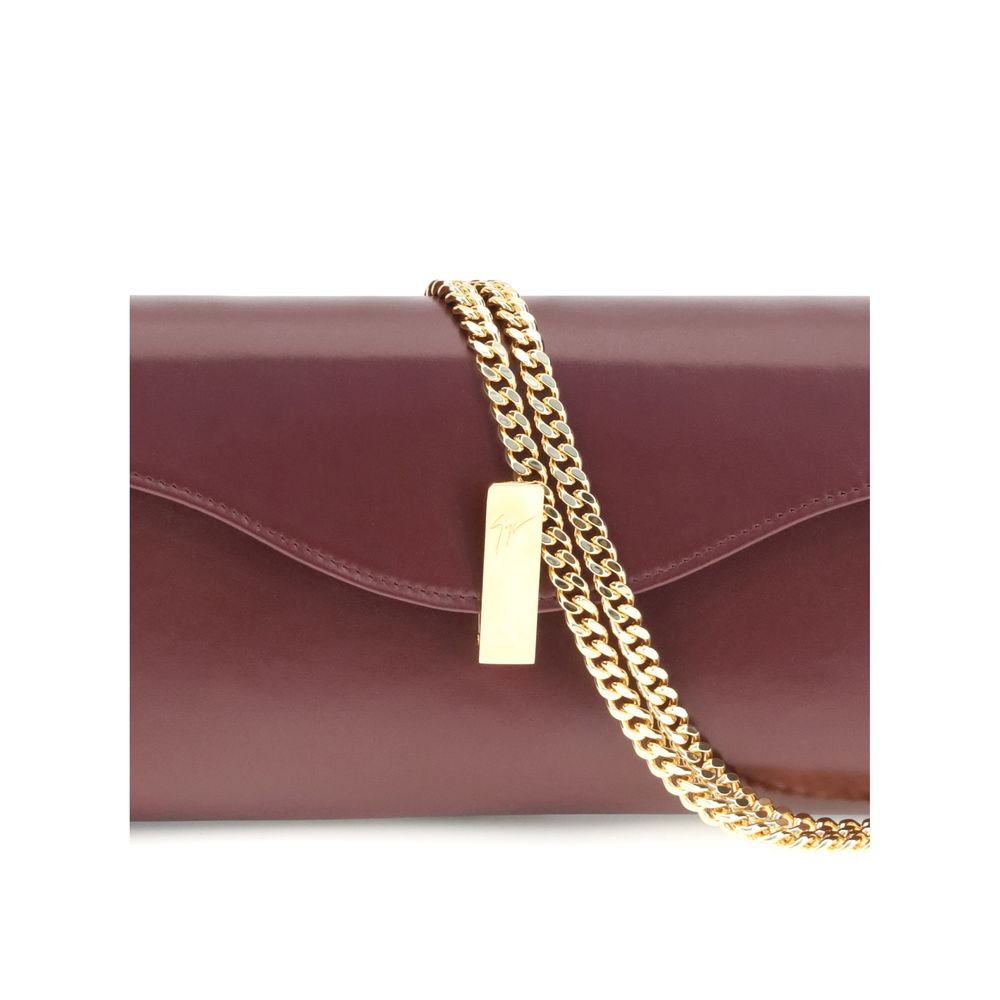 Giuseppe Zanotti Brown Leather Clutch Bag with gold-tone chain and metal logo closure, luxurious and stylish design.