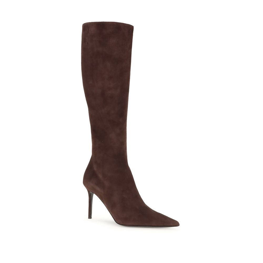 Giuseppe Zanotti Brown Leather High Heel Boots with stiletto heel, almond toe, and back zipper closure for elegant style.