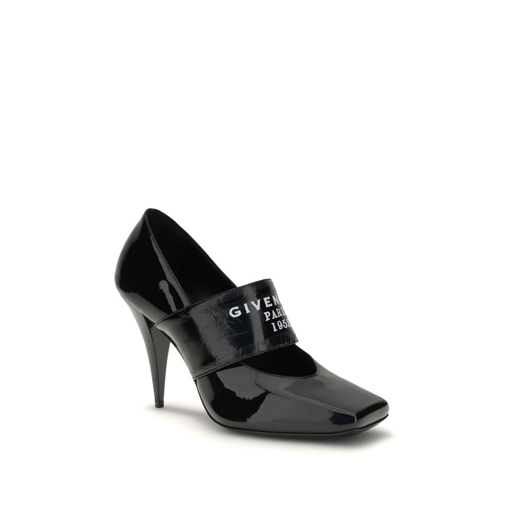 Givenchy Black Calf Leather Bos Taurus High Heel Pumps with square toe and logo strap.