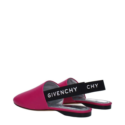 Givenchy Pink Leather Sandals with logo straps, round toe, and low flat heel in fuchsia, perfect for casual style.