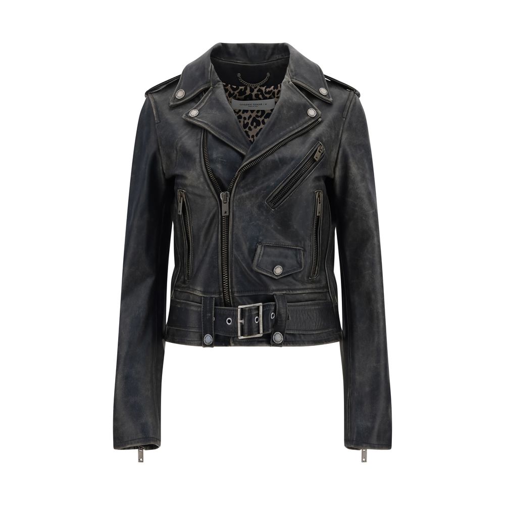 Golden Goose Black Calf Leather Bos Taurus Biker Jacket with asymmetrical zip, classic lapels, and buckle waistband.