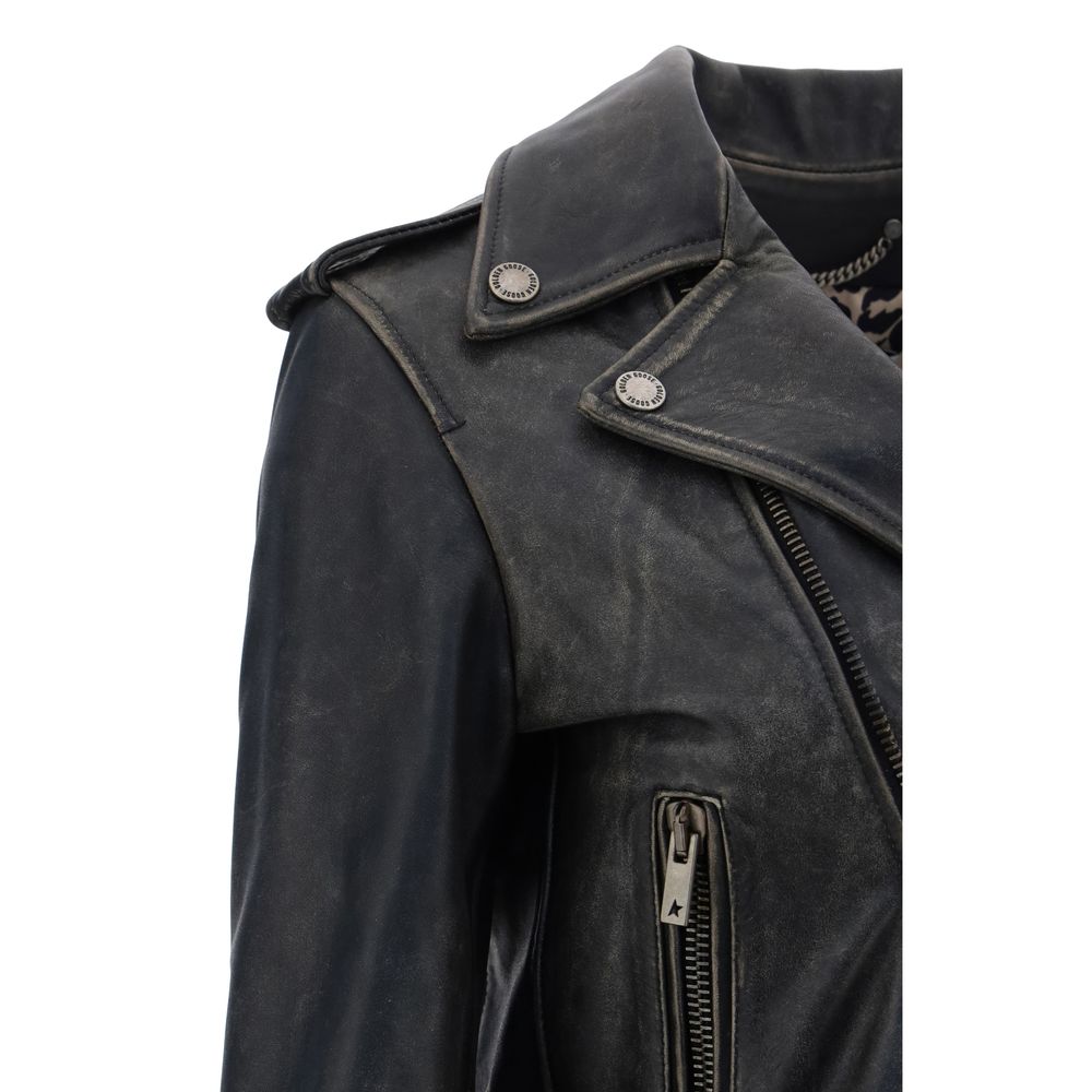 Golden Goose Black Calf Leather Bos Taurus Biker Jacket with asymmetrical zipper and metallic buttons, AW25 collection.