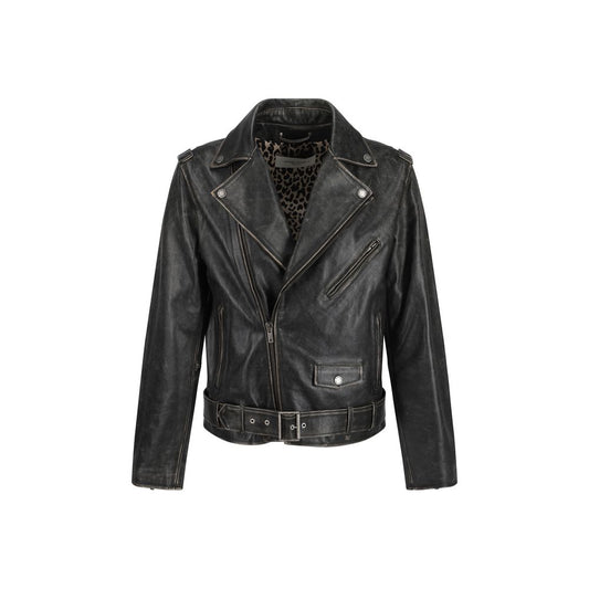 Golden Goose Brown Calf Leather Bos Taurus Biker Jacket with vintage worn effect, double-breasted front zipper, AW25 collection.