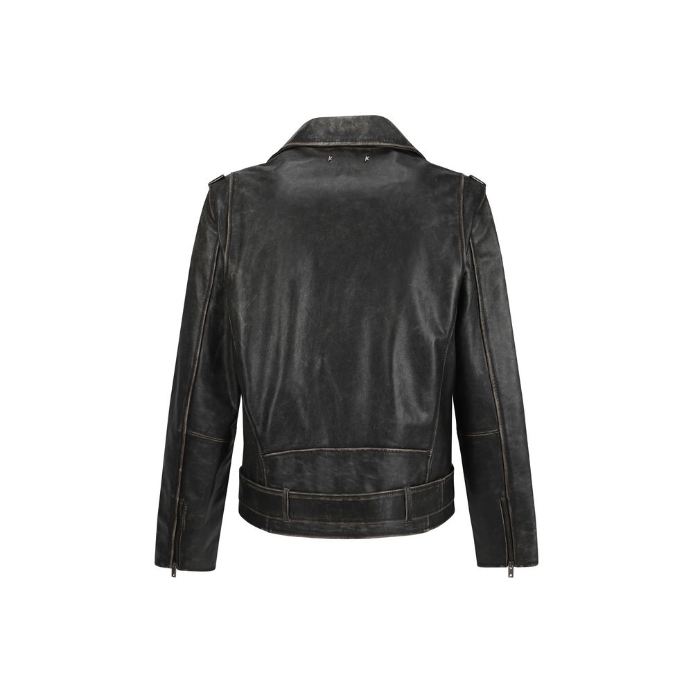 Golden Goose Brown Calf Leather Bos Taurus Biker Jacket with vintage worn effect, back view