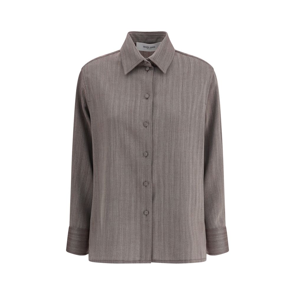 Golden Goose Brown Fleece Wool Dress Shirt with classic collar and oversized fit suitable for fall and winter fashion.