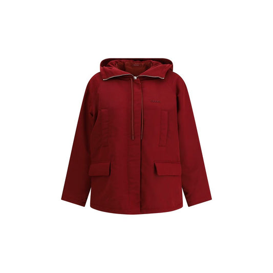 Gucci Bordeaux Polyester Shell Jacket with hood, front pockets, and adjustable hem for urban style and comfort.