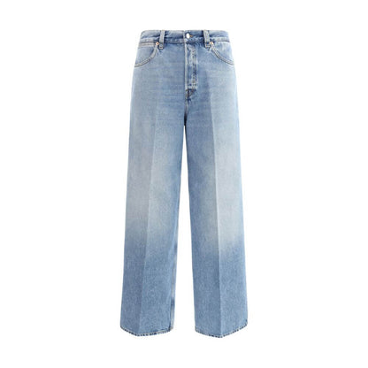 Gucci Light Blue Cotton Jeans Denim with wide leg, high waist, and contrast stitching, featuring a vintage faded look for AW25 season.