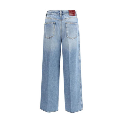 Gucci Light Blue Cotton Jeans Denim with wide leg, high waist, and contrast stitching, showcasing a vintage light wash and functionality.