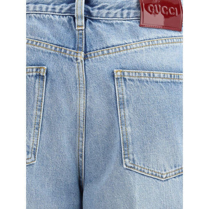 Back view of Gucci Light Blue Cotton Jeans Denim with square pockets and contrast stitching detail.