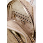 Guess Beige Polyethylene Backpack interior view showing zip compartments and gold-tone details.