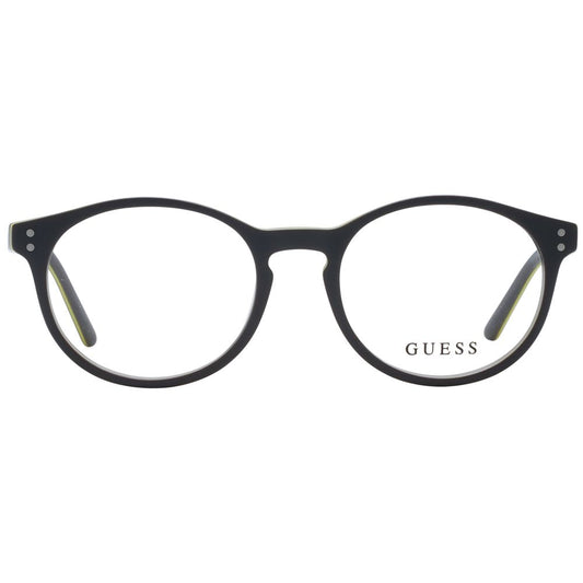 Guess Gray Unisex Glasses Frame, full-rim plastic, round style with demo lenses, includes branded case, size 47-17-140.