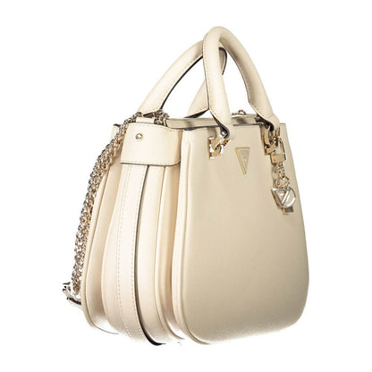 Guess Jeans Beige Polyethylene Handbag with handles and chain strap, featuring external pocket, multiple compartments, and protective feet.