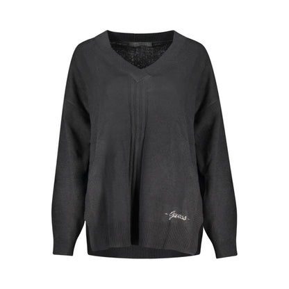 Alt Tag: Guess Jeans Black Cotton Sweater, long sleeved, V-neck with contrasting details and logo embroidery for stylish comfort.