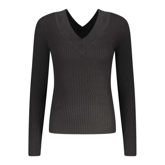 Guess Jeans Black Viscose Sweater with V-neck, long sleeves, contrasting details, and logo.