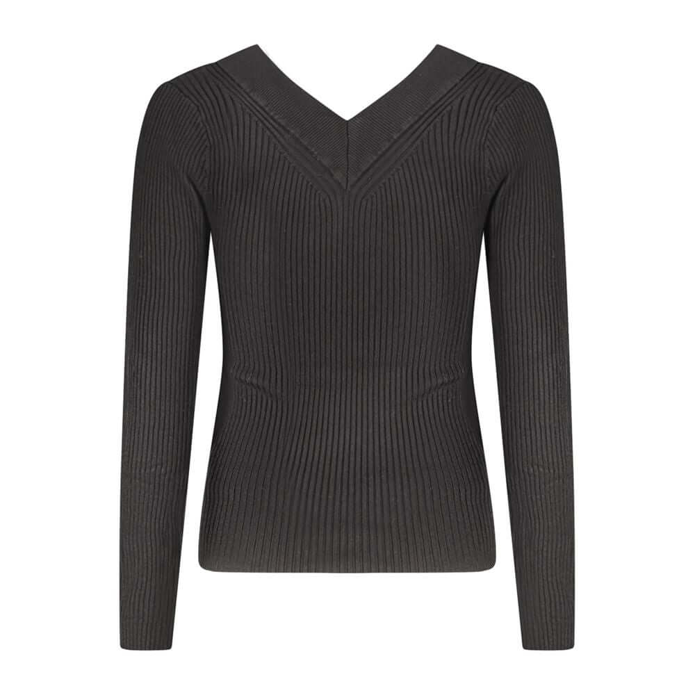 Guess Jeans Black Viscose Sweater with long sleeves, V-neck, contrasting details, and logo.