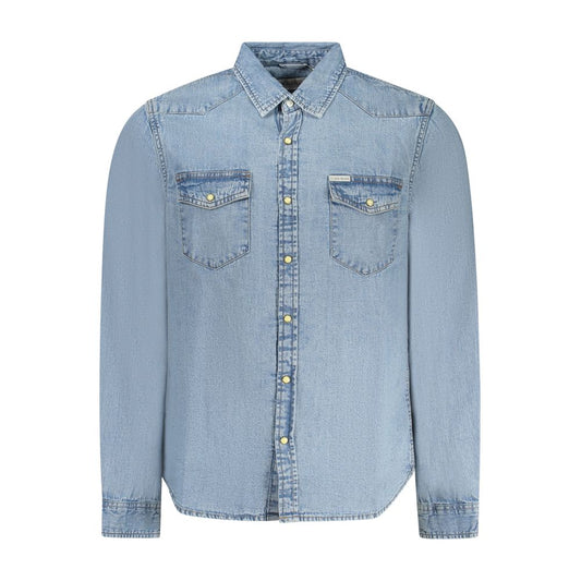 Guess Jeans Light Blue Cotton Men ShirtEmbrace effortless sophistication with the Guess Jeans long-sleeved denim shirt. Tailored for the modern man, this slim-fit masterpiece features a refined Italian collar and sophisticated 1-button cuffs. Dual pockets