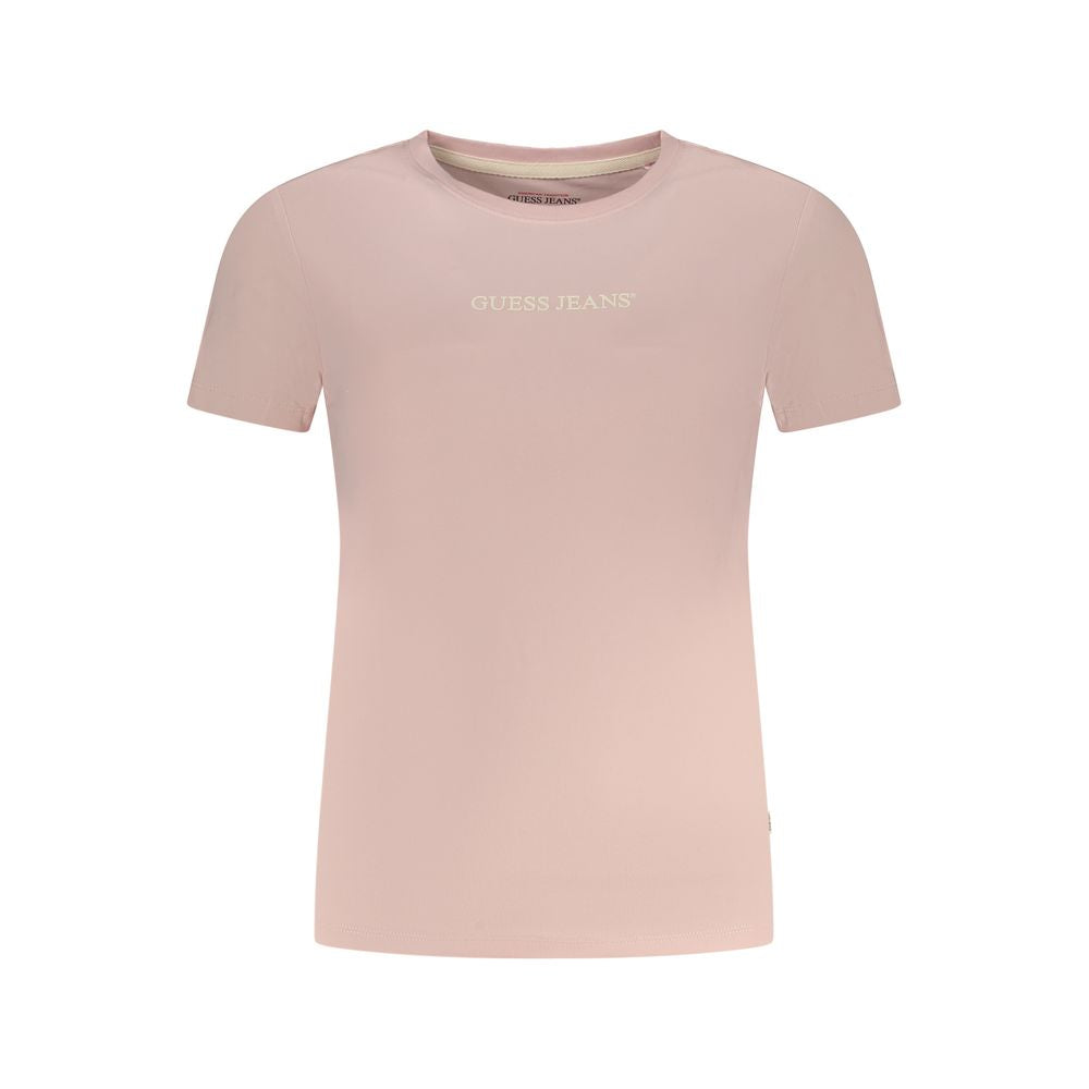 Guess Jeans Pink Cotton T-Shirt, short sleeve, crew neck, printed logo, made from organic cotton, trendy casual wear.