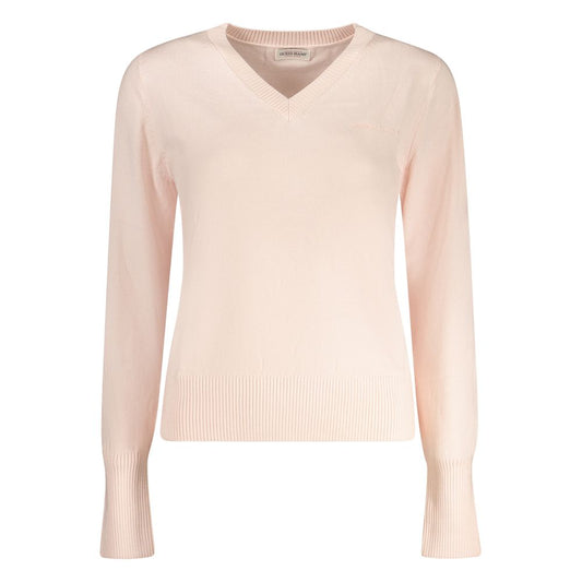 Guess Jeans Pink Polyester Women SweaterDrape yourself in the essence of chic comfort with this Guess Jeans statement piece. A delicate blend of luxury and casual, this long-sleeved t-shirt features a flattering V-neck framed by the iconic Guess embroider