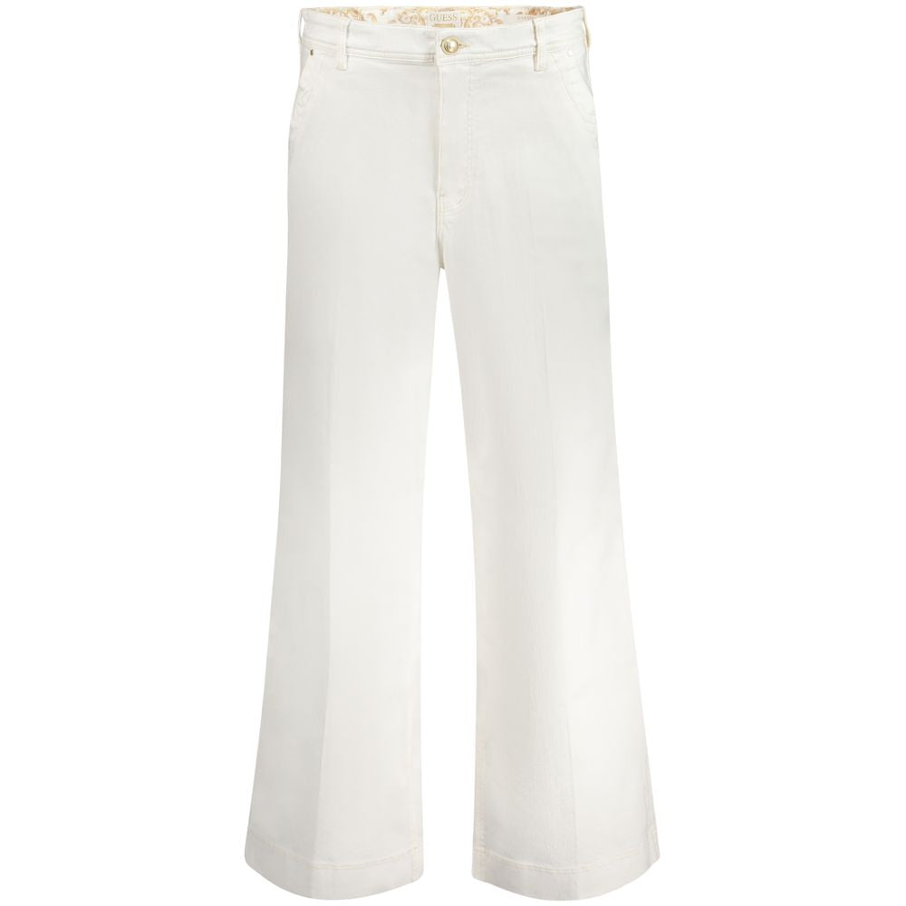 Guess Jeans White Cotton Women Jeans with relaxed high denim fit, button-and-zip fly, white color, and iconic Guess logo.