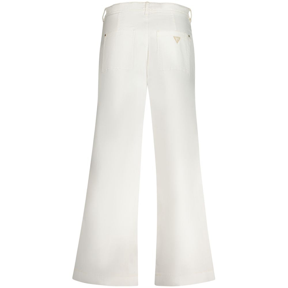 Guess Jeans White Cotton Women Jeans with back view of high-waisted relaxed fit, four pockets, button-zip fly, and iconic logo.