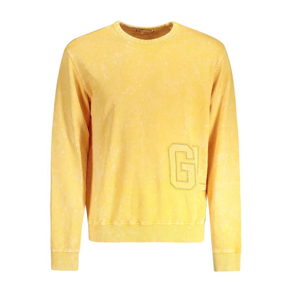 Guess Jeans Yellow Cotton Men Sweater with long sleeves and crew neck, featuring the iconic Guess logo embroidery and washed effect.