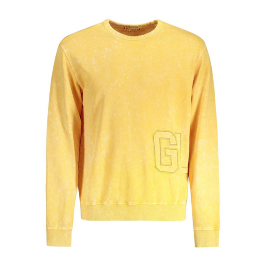 Guess Jeans Yellow Cotton Men Sweater with long sleeves and crew neck, featuring the iconic Guess logo embroidery and washed effect.