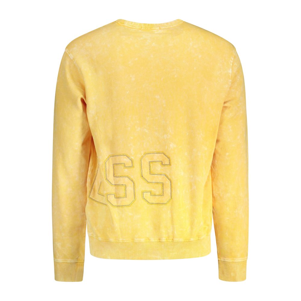 Back view of Guess Jeans Yellow Cotton Men Sweater with washed effect and embroidered logo, showcasing trendy, comfortable style.