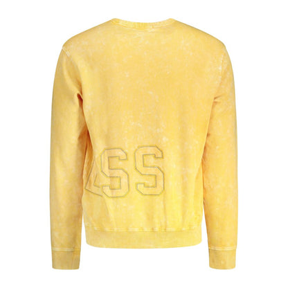 Back view of Guess Jeans Yellow Cotton Men Sweater with washed effect and embroidered logo, showcasing trendy, comfortable style.