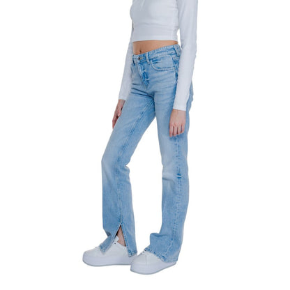 Side view of Guess Light Blue Cotton Mom Jeans with flared leg and split hem, featuring five-pocket design and button-zip closure.