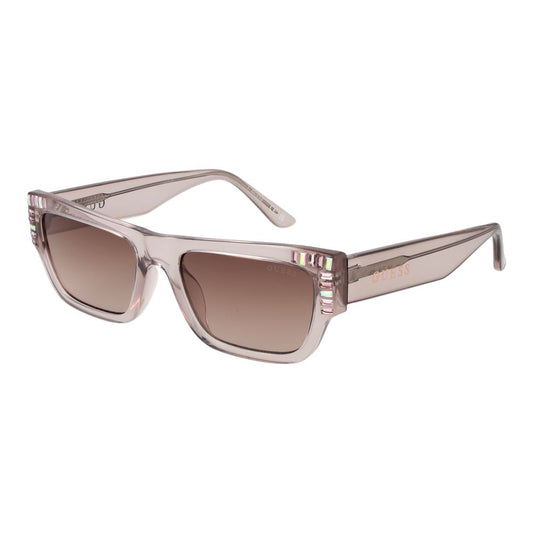 Guess Pink Women Sunglass with rose plastic full-rim frame, purple gradient lenses, and branded case. 100% UVA & UVB protection. Style: Square.