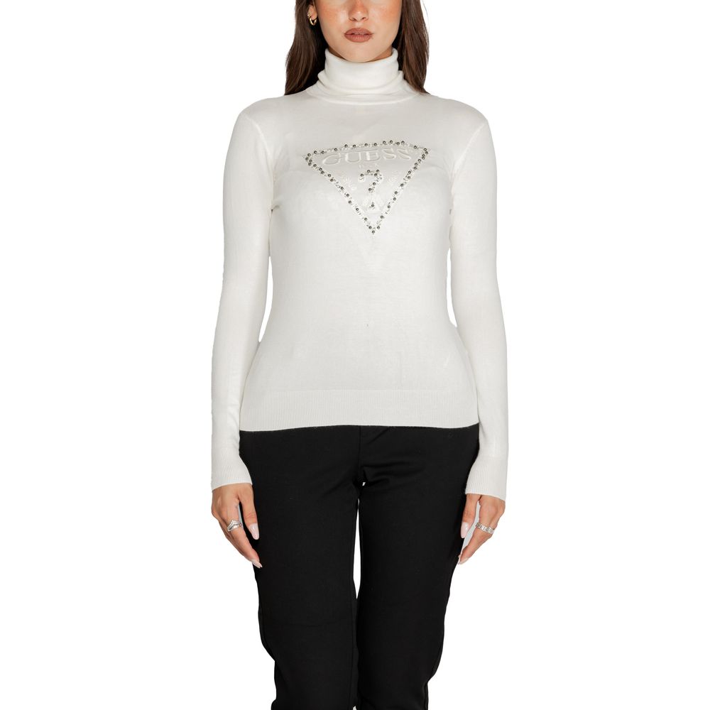 Guess White Viscose Turtleneck on model, showcasing stylish high neck design and triangle logo detail for fashion-forward elegance.