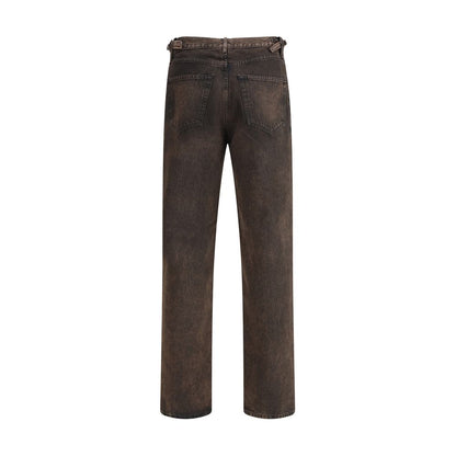 Haikure Brown Cotton Relaxed Fit Jeans with adjustable side straps and classic five-pocket design, shown from the back.