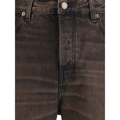 Close-up of Haikure Brown Cotton Relaxed Fit Jeans showcasing button closure and classic design with adjustable side straps for versatility.