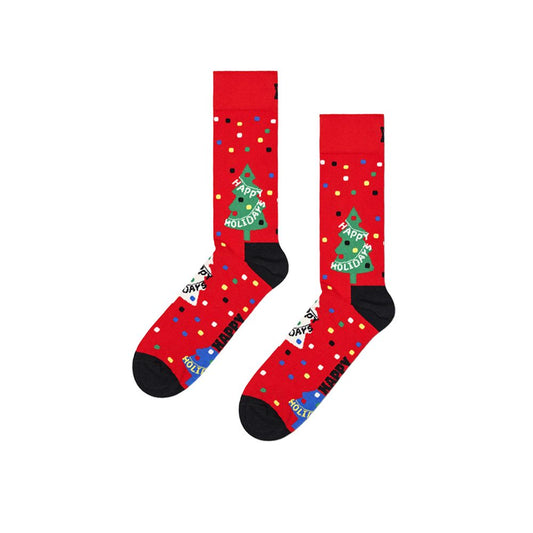 Happy Socks Red Cotton Socks with festive Christmas tree design for women, perfect for holiday outfits, providing comfort and originality.