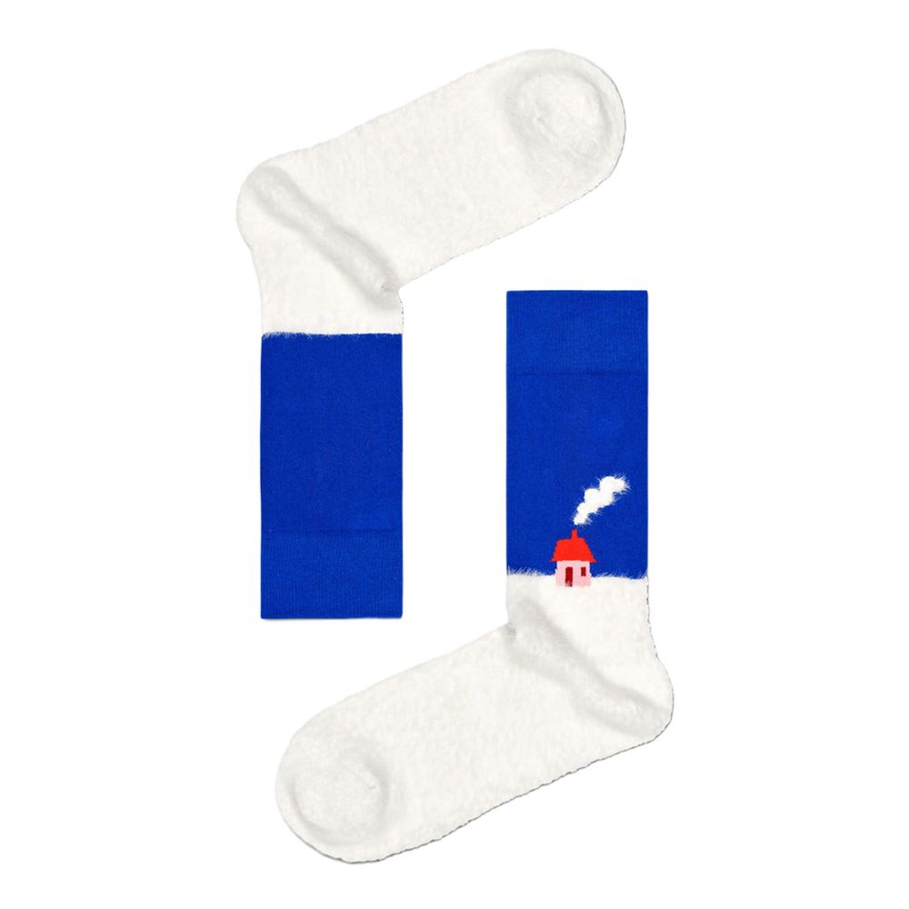 Happy Socks Red Cotton Socks with festive house pattern in blue and white.