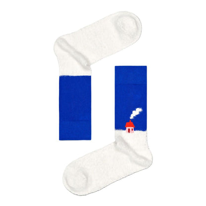 Happy Socks Red Cotton Socks with festive house pattern in blue and white.